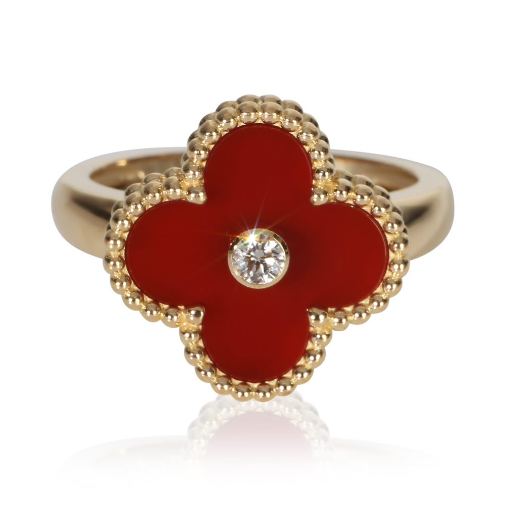 Van Cleef & Arpels Yellow Gold Carnelian and Diamond Vintage Alhambra Ring